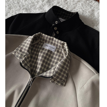 Muška dvostruka bomber jakna s uzorkom houndstooth, zatvaranje na zip, ovratnik tipa lapel, obična dužina