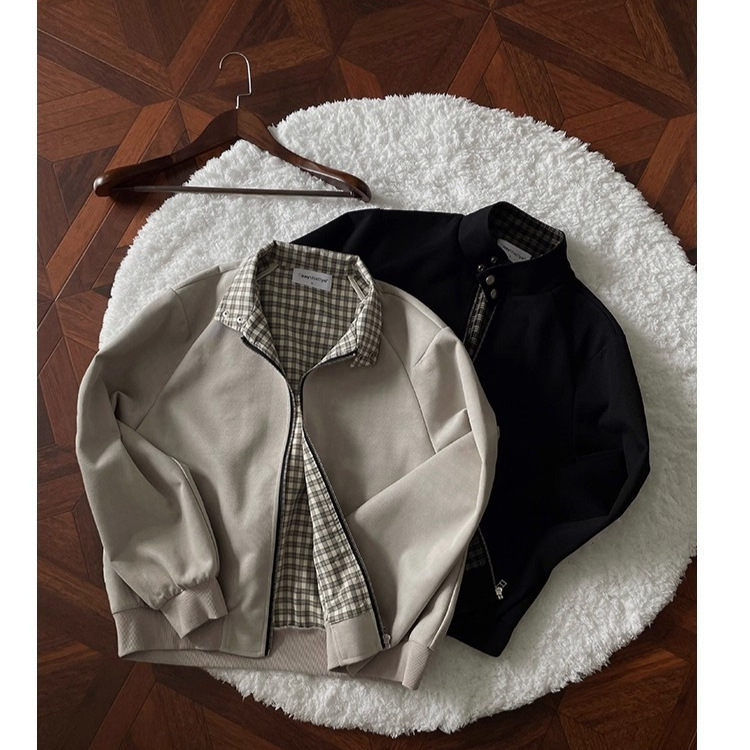 Muška dvostruka bomber jakna s uzorkom houndstooth, zatvaranje na zip, ovratnik tipa lapel, obična dužina