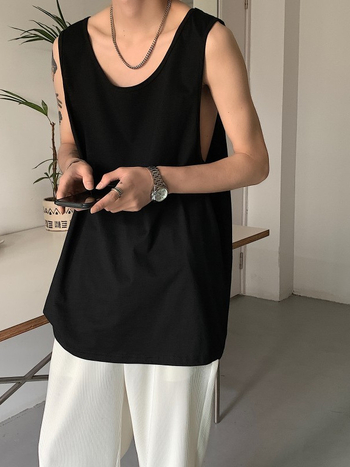 CGRFCM Bezrukavna majica-vest, slobodan kroj, jednobojna poliester tkanina, zaobljen rub, ljetni komad