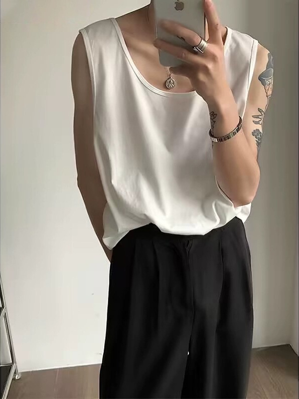 CGRFCM Bezrukavna majica-vest, slobodan kroj, jednobojna poliester tkanina, zaobljen rub, ljetni komad