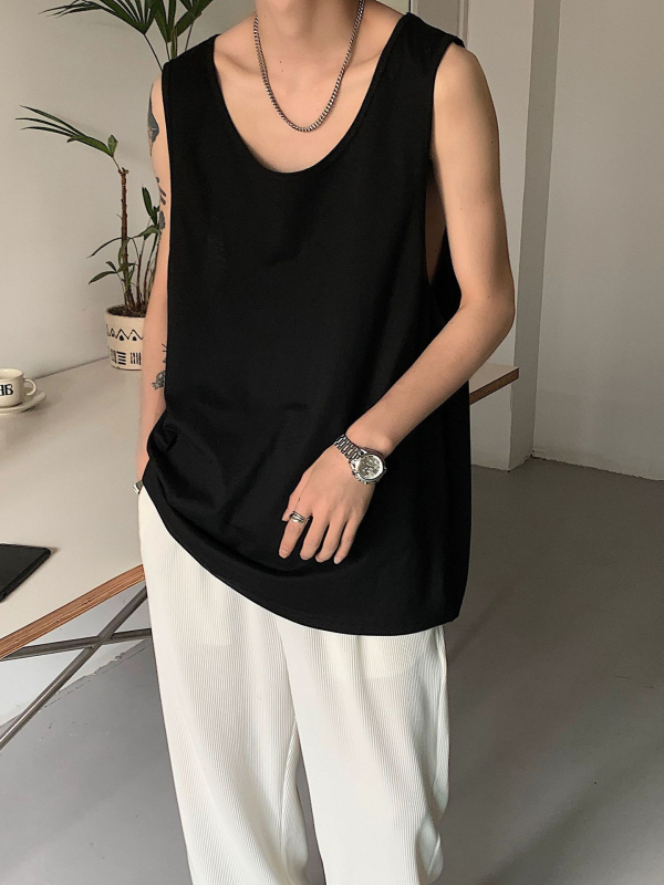 CGRFCM Bezrukavna majica-vest, slobodan kroj, jednobojna poliester tkanina, zaobljen rub, ljetni komad