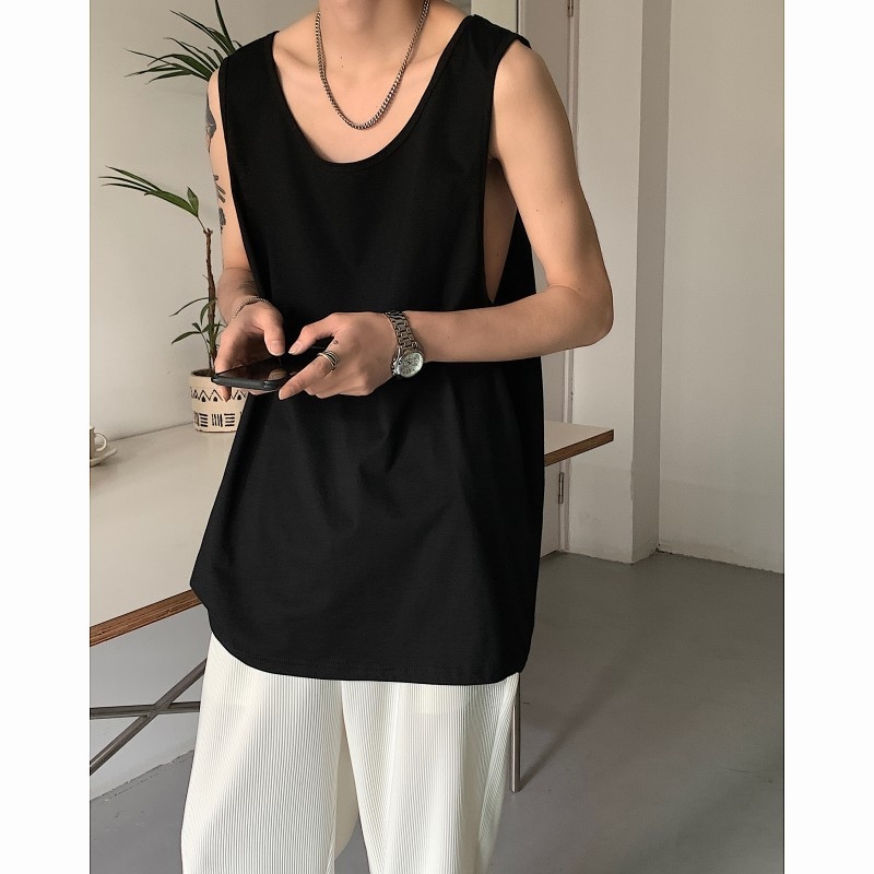 CGRFCM Bezrukavna majica-vest, slobodan kroj, jednobojna poliester tkanina, zaobljen rub, ljetni komad