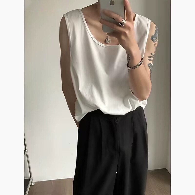 CGRFCM Bezrukavna majica-vest, slobodan kroj, jednobojna poliester tkanina, zaobljen rub, ljetni komad