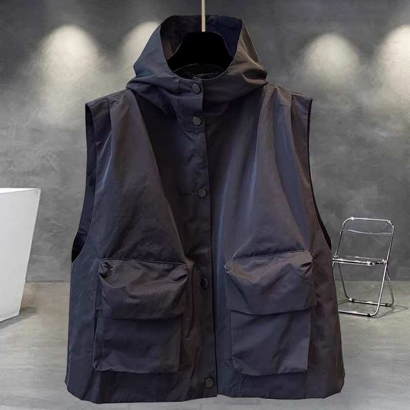 Muška kapuljačasta vest s zatvaračem – uski kroj, korejski stil mode, tkanina od mješavine konoplje i poliestera, prednji patch džepovi