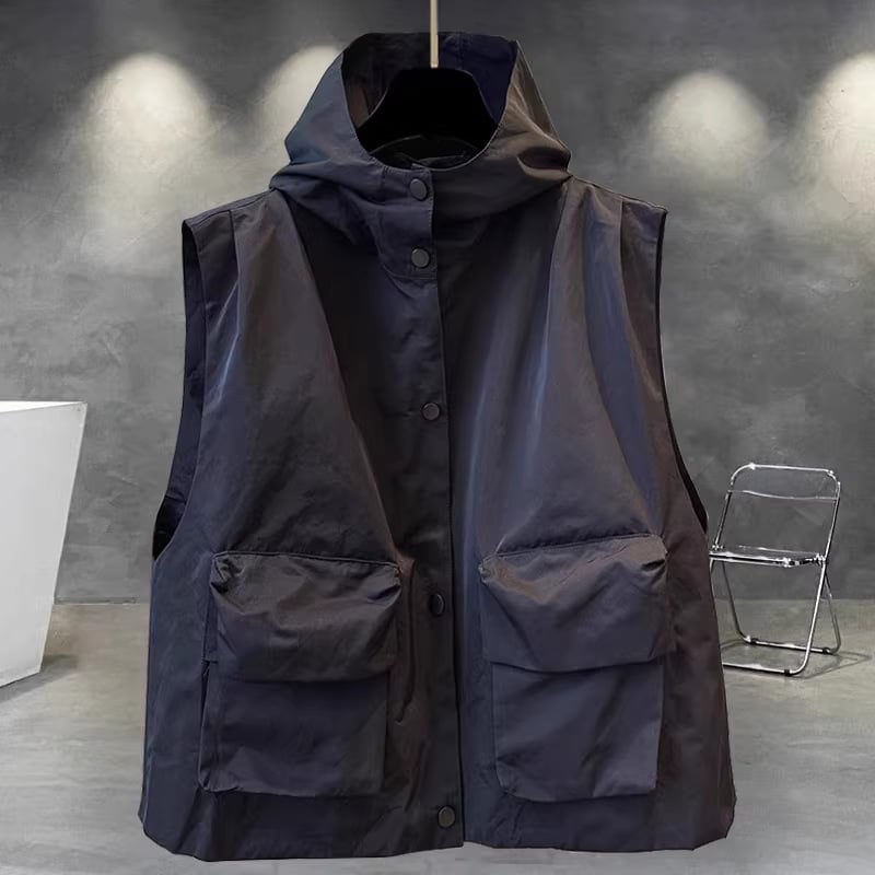 Muška kapuljačasta vest s zatvaračem – uski kroj, korejski stil mode, tkanina od mješavine konoplje i poliestera, prednji patch džepovi