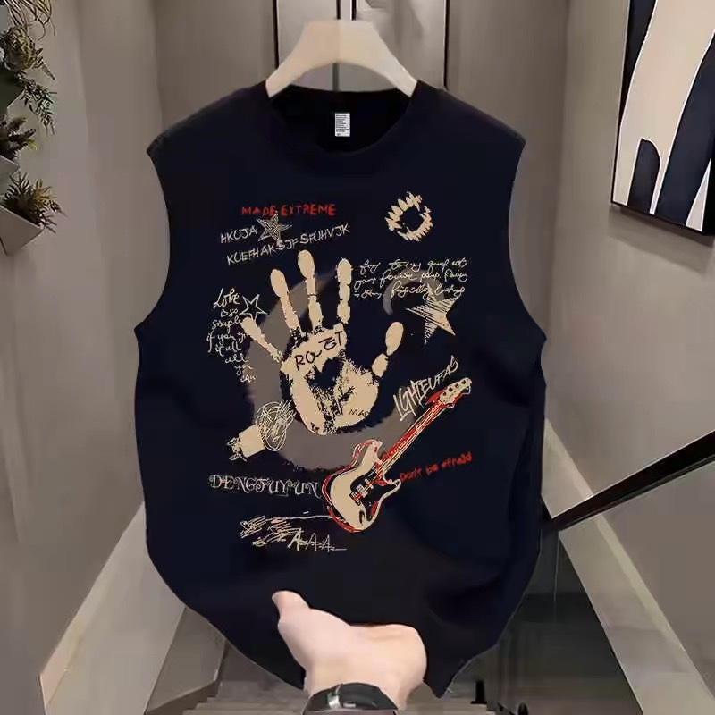 Pamukasta muška bez rukava sportska veste – opuštena silueta, print s karikaturom, ljetni casual fitness komad