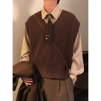 Ανδρικό πλεκτό γιλέκο, ρετρό ιαπωνικού στυλ, χαλαρή γραμμή, V-λαιμό, ριμπ τελείωμα, ιδανικό για χειμερινή στρώση, μείγμα βαμβακιού- rayon