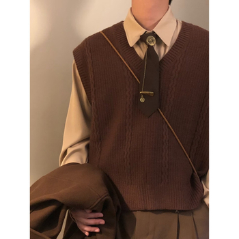 Ανδρικό πλεκτό γιλέκο, ρετρό ιαπωνικού στυλ, χαλαρή γραμμή, V-λαιμό, ριμπ τελείωμα, ιδανικό για χειμερινή στρώση, μείγμα βαμβακιού- rayon