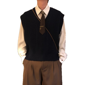 Ανδρικό πλεκτό γιλέκο, ρετρό ιαπωνικού στυλ, χαλαρή γραμμή, V-λαιμό, ριμπ τελείωμα, ιδανικό για χειμερινή στρώση, μείγμα βαμβακιού- rayon