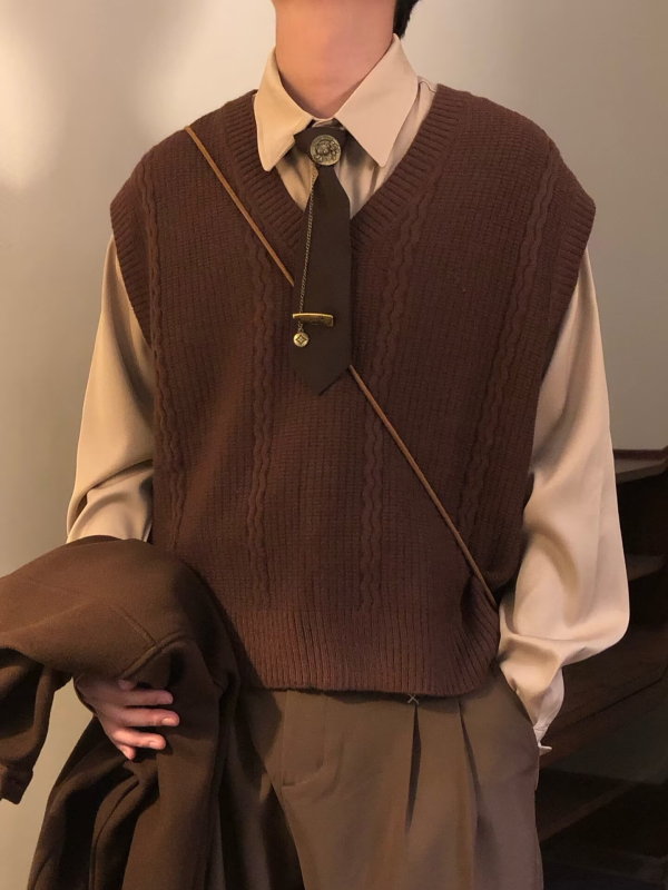 Ανδρικό πλεκτό γιλέκο, ρετρό ιαπωνικού στυλ, χαλαρή γραμμή, V-λαιμό, ριμπ τελείωμα, ιδανικό για χειμερινή στρώση, μείγμα βαμβακιού- rayon