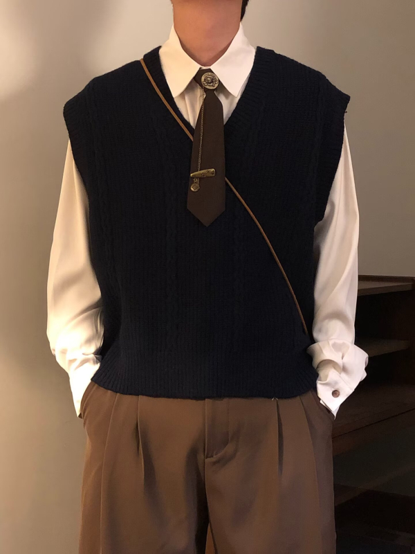 Ανδρικό πλεκτό γιλέκο, ρετρό ιαπωνικού στυλ, χαλαρή γραμμή, V-λαιμό, ριμπ τελείωμα, ιδανικό για χειμερινή στρώση, μείγμα βαμβακιού- rayon