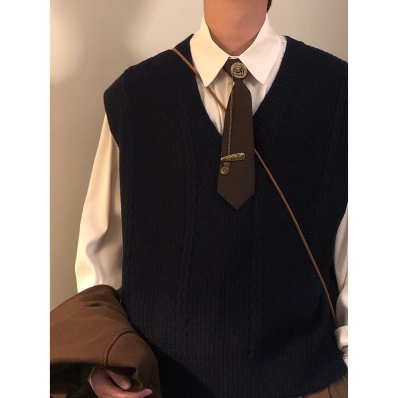 Ανδρικό πλεκτό γιλέκο, ρετρό ιαπωνικού στυλ, χαλαρή γραμμή, V-λαιμό, ριμπ τελείωμα, ιδανικό για χειμερινή στρώση, μείγμα βαμβακιού- rayon
