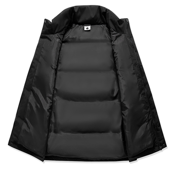 Pánska vesta s down, stojací golier, zips, hrubá izolácia, hlavný materiál 100% polyester, podšívka bavlna, voľnočasový štýl