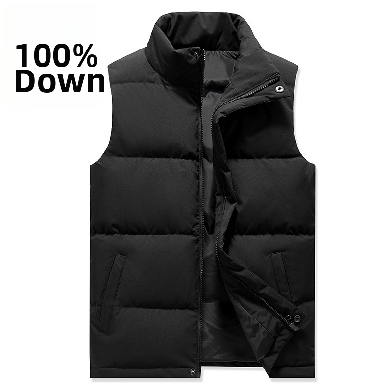 Pánska vesta s down, stojací golier, zips, hrubá izolácia, hlavný materiál 100% polyester, podšívka bavlna, voľnočasový štýl