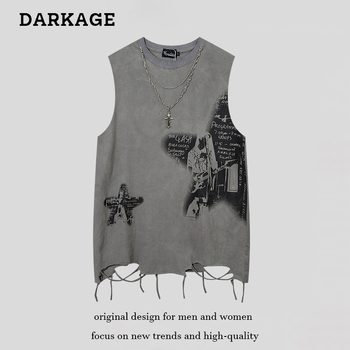 Χαλαρή γιλέκο‑Τ‑shirt με εκτύπωση Avatar, 100% βαμβάκι, ρετρό πλυμένο ύφος δρόμου