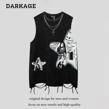 Χαλαρή γιλέκο‑Τ‑shirt με εκτύπωση Avatar, 100% βαμβάκι, ρετρό πλυμένο ύφος δρόμου