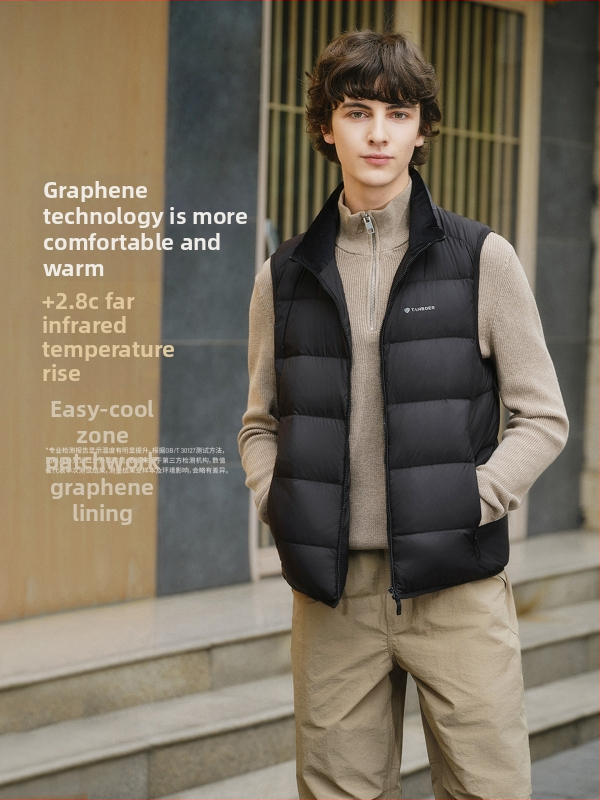 Vīriešu vieglā pūkaina veste ar īsu stāvošu apkakli, plāns neilons, pelēkas pīļu pūkas 86–90%, 52–78 g