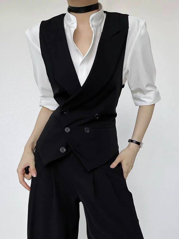 Unisex vesta s gun lapel, voľný strih, jednofarebný vzor, polyesterové vlákno, vsadené vrecká