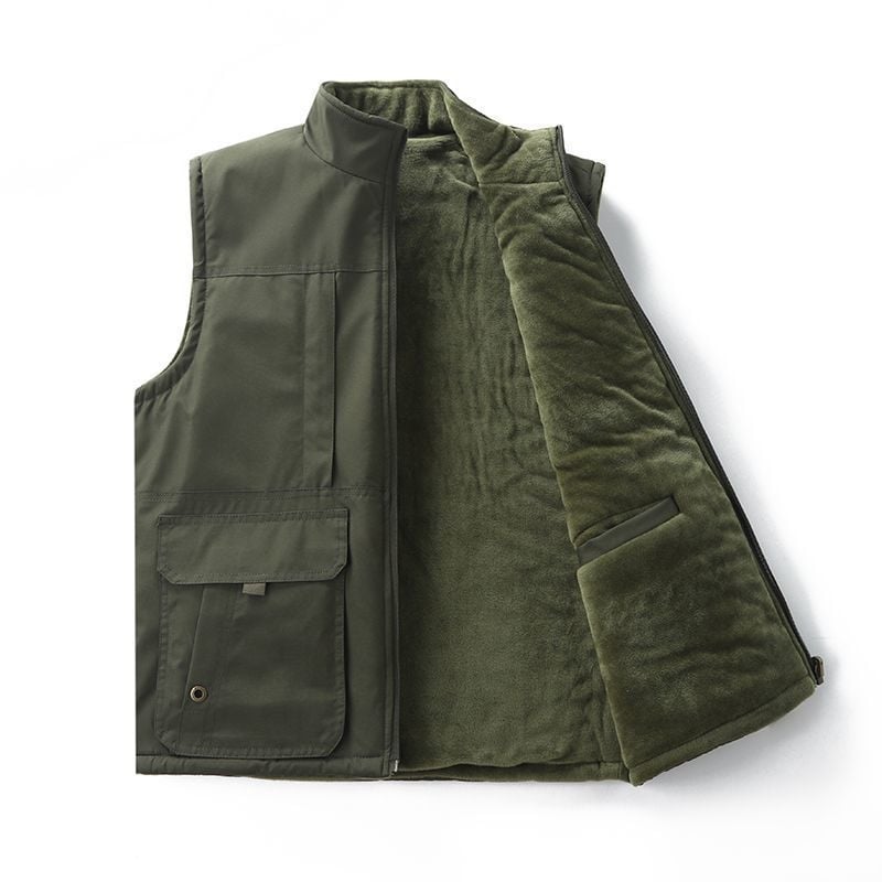 Muška vesta s fleksom i kapuljom, stojeći ovratnik, zatvarač, jednobojna, slim fit, radni stil