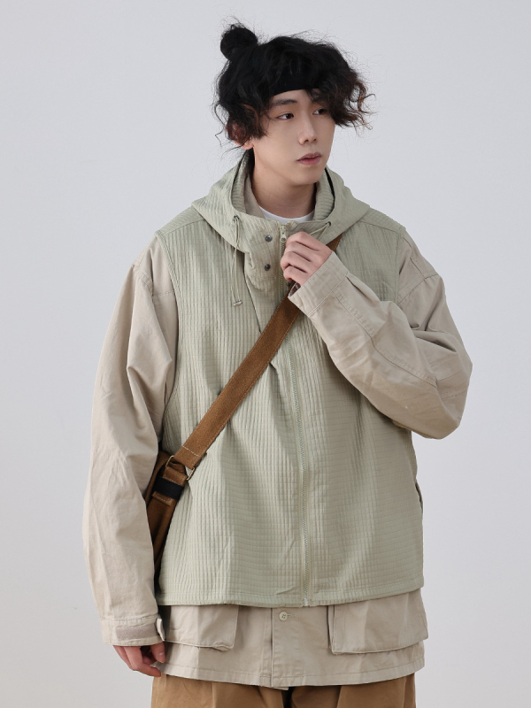 Japonų retro liemenė su gobtuvu, laisvas kirpimas, corduroy audinys, 100% poliesteris, užtrauktukas, be apykaklės, tinka visoms sezonoms