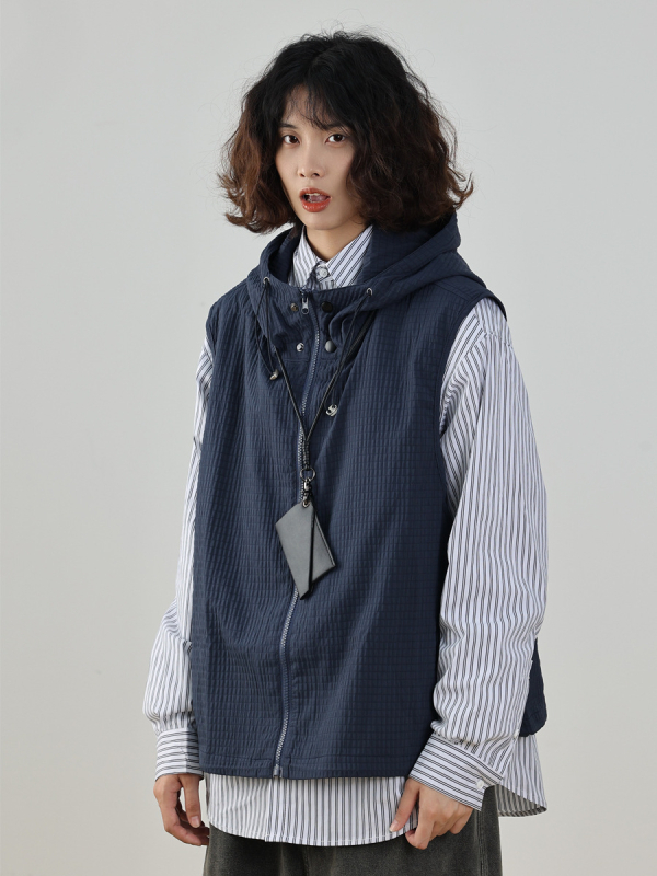 Japonų retro liemenė su gobtuvu, laisvas kirpimas, corduroy audinys, 100% poliesteris, užtrauktukas, be apykaklės, tinka visoms sezonoms