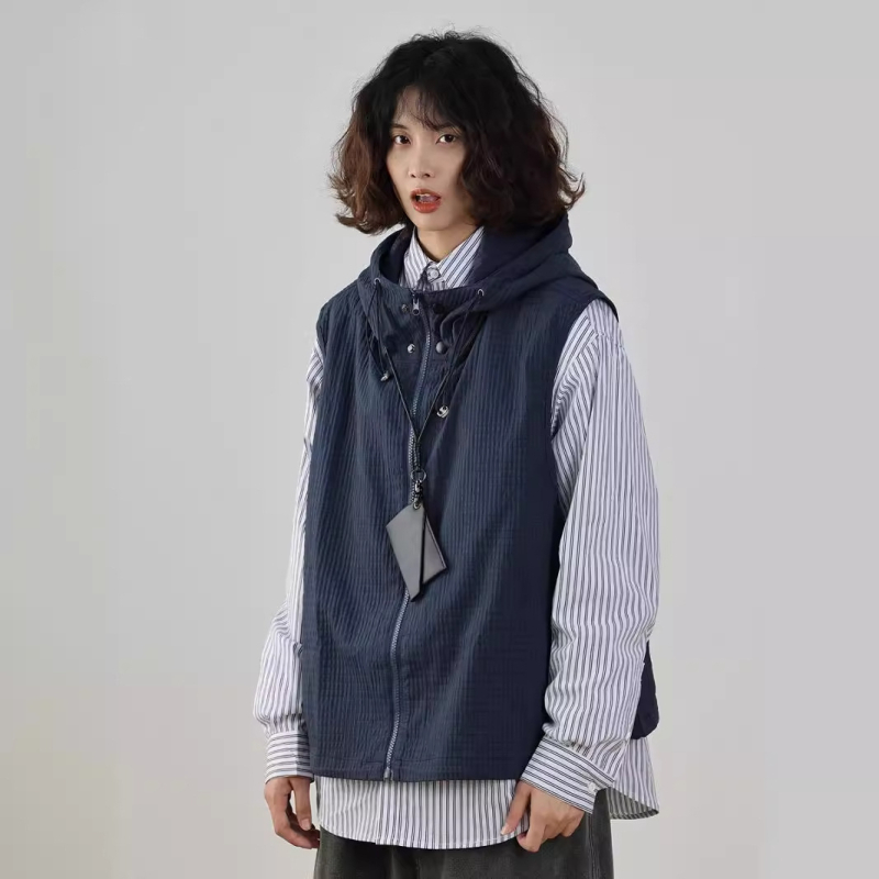 Japonų retro liemenė su gobtuvu, laisvas kirpimas, corduroy audinys, 100% poliesteris, užtrauktukas, be apykaklės, tinka visoms sezonoms