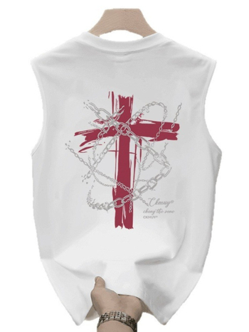 Sportski prsluk bez rukava s crtanim printom, okrugli izrez, slobodan kroj, 100% pamuk