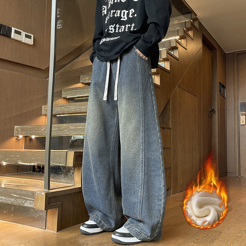 Vintage traperice ravnog kroja, fleece unutarnja podstava, srednji porast, kopča za vezivanje, tkanina od pamuka i smjese vlakana