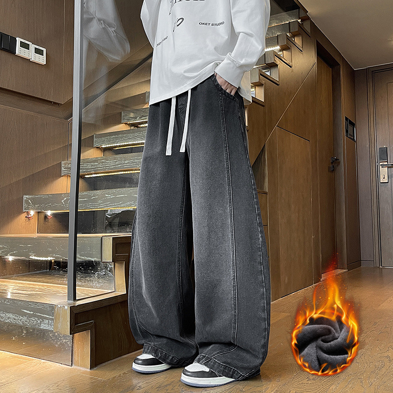 Vintage traperice ravnog kroja, fleece unutarnja podstava, srednji porast, kopča za vezivanje, tkanina od pamuka i smjese vlakana