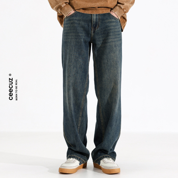 Мъжки дънки - свободни, прави крачоли, измит памучен деним, средна талия, пет джоба, есенна употреба