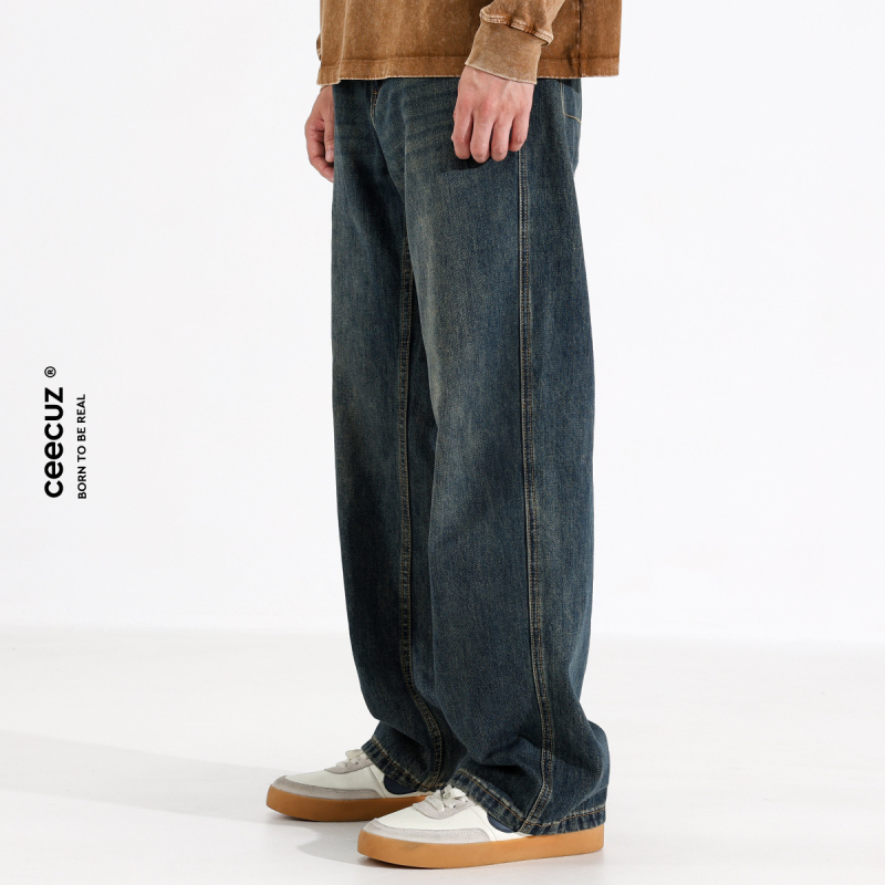 Мъжки дънки - свободни, прави крачоли, измит памучен деним, средна талия, пет джоба, есенна употреба
