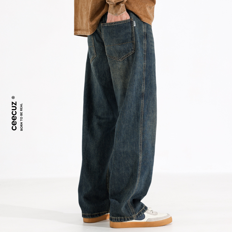 Мъжки дънки - свободни, прави крачоли, измит памучен деним, средна талия, пет джоба, есенна употреба