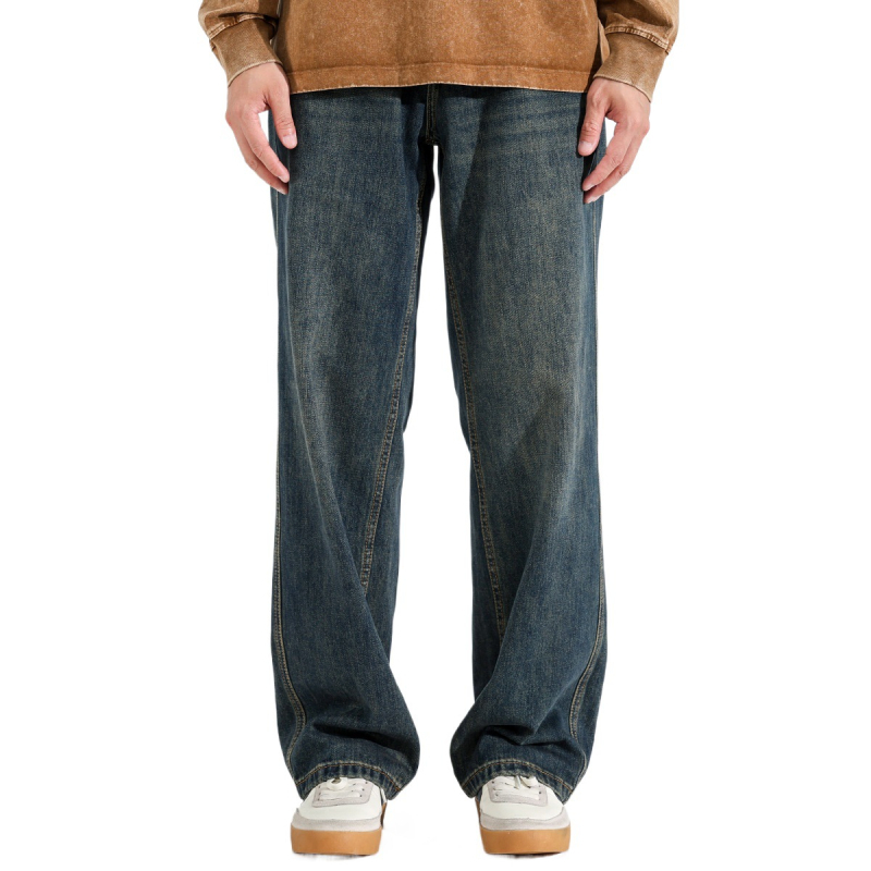 Мъжки дънки - свободни, прави крачоли, измит памучен деним, средна талия, пет джоба, есенна употреба