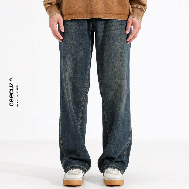 Мъжки дънки - свободни, прави крачоли, измит памучен деним, средна талия, пет джоба, есенна употреба