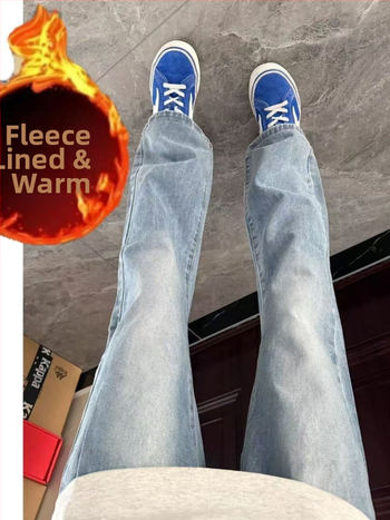 Muške traperice američkog retro stila s fleece unutrašnjom podstavom, zimske, ravnog kroja, svakodnevni stil