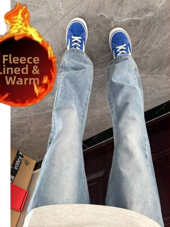 Muške traperice američkog retro stila s fleece unutrašnjom podstavom, zimske, ravnog kroja, svakodnevni stil