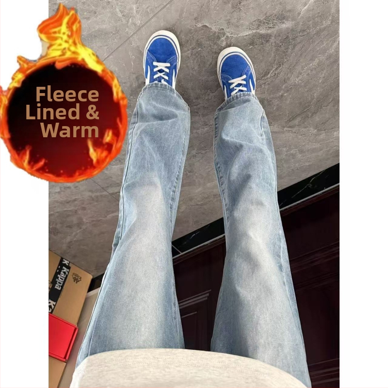 Muške traperice američkog retro stila s fleece unutrašnjom podstavom, zimske, ravnog kroja, svakodnevni stil