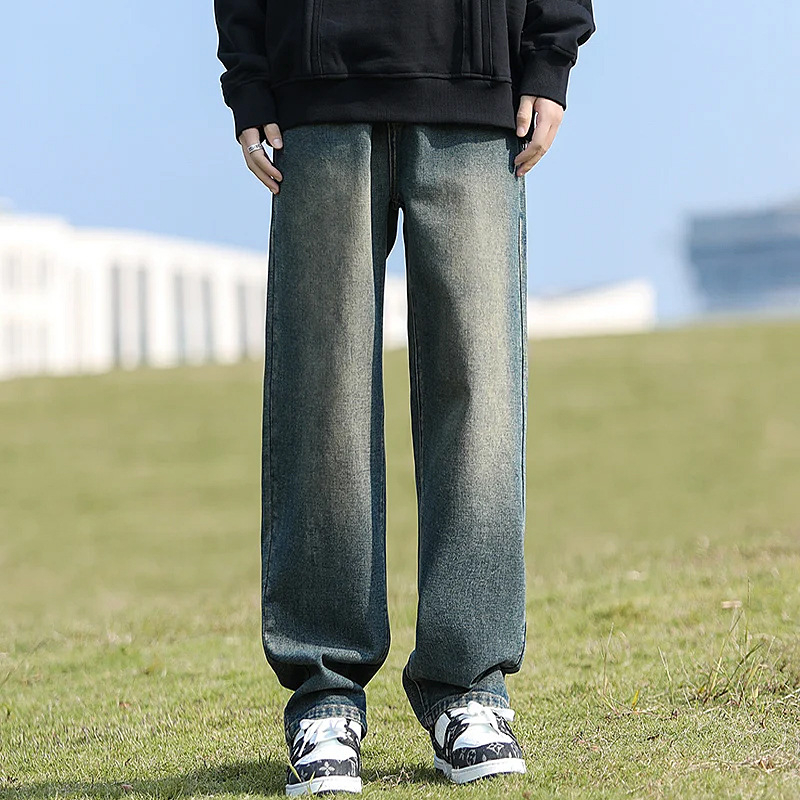 Muške traperice s flisom, duge za visinu 190 cm, jesen-zima, japanski retro stil, ravnog kroja.