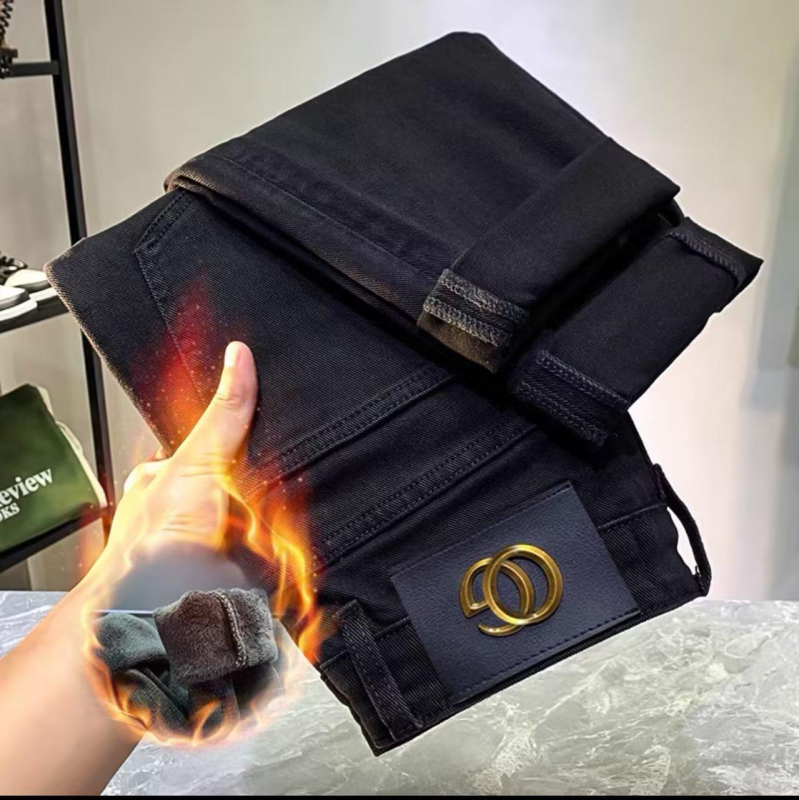 Muške traperice Slim-fit ravnog kroja, flis podstava za toplinu, 60% pamuk, srednji pojas, kopčano zatvaranje, za proljeće i jesen