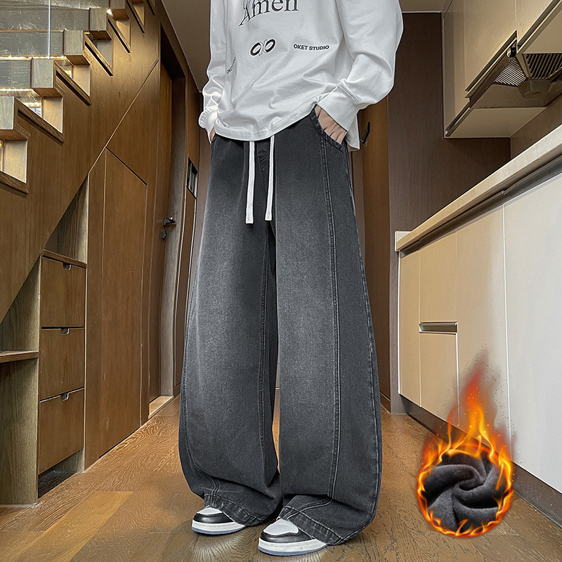 Pánske džínsy s fleecovou výplňou, voľný rovný strih, stredný pás, viazanie na šnúrku, zimné, bavlneno-zmesové tkaniny
