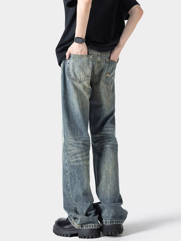 Pánske džínsy, kórejský štýl, voľný čistý strih, stredná výška pásu, zips, rovný strih – jarné/jesenné casual