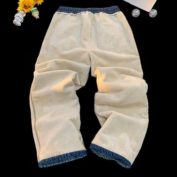 Vyriniai džinsai su fleece pamušalu, elastinė juosta ir raištis, laisvas platėjantis kirpimas, storas fleece pamušalas