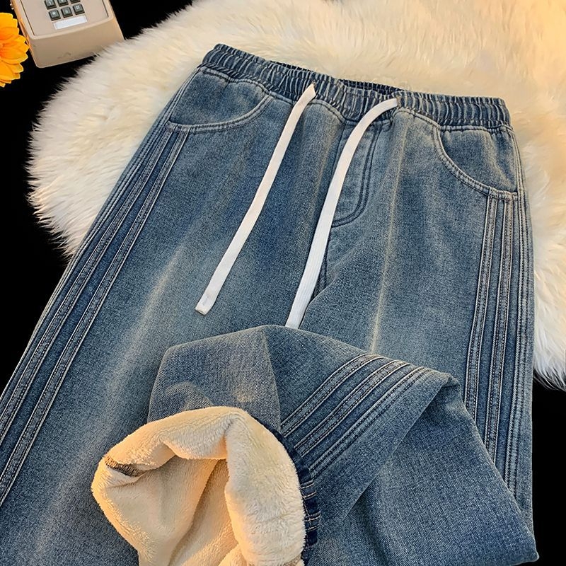 Vyriniai džinsai su fleece pamušalu, elastinė juosta ir raištis, laisvas platėjantis kirpimas, storas fleece pamušalas