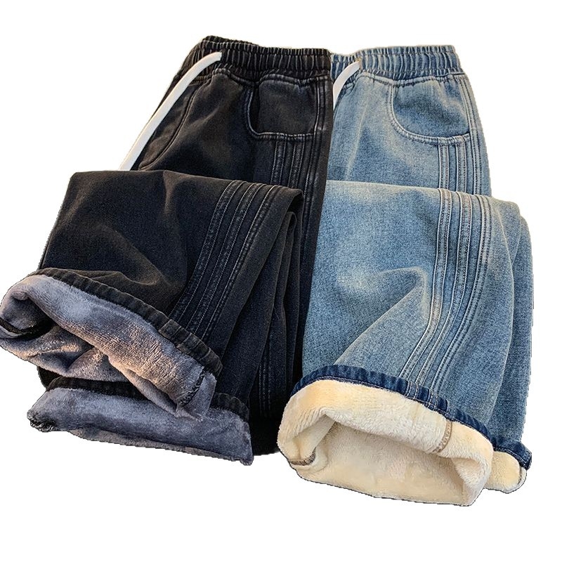 Vyriniai džinsai su fleece pamušalu, elastinė juosta ir raištis, laisvas platėjantis kirpimas, storas fleece pamušalas