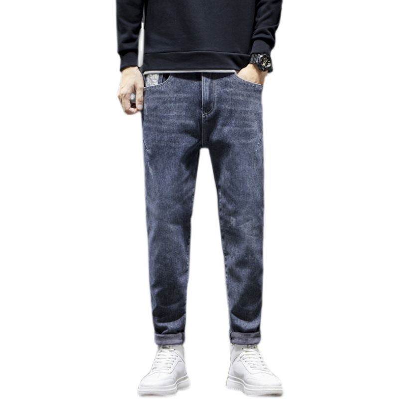 Aishini дънки - Корейски стил, свободна кройка, къс крачол, флисово подплатени памучни дънки