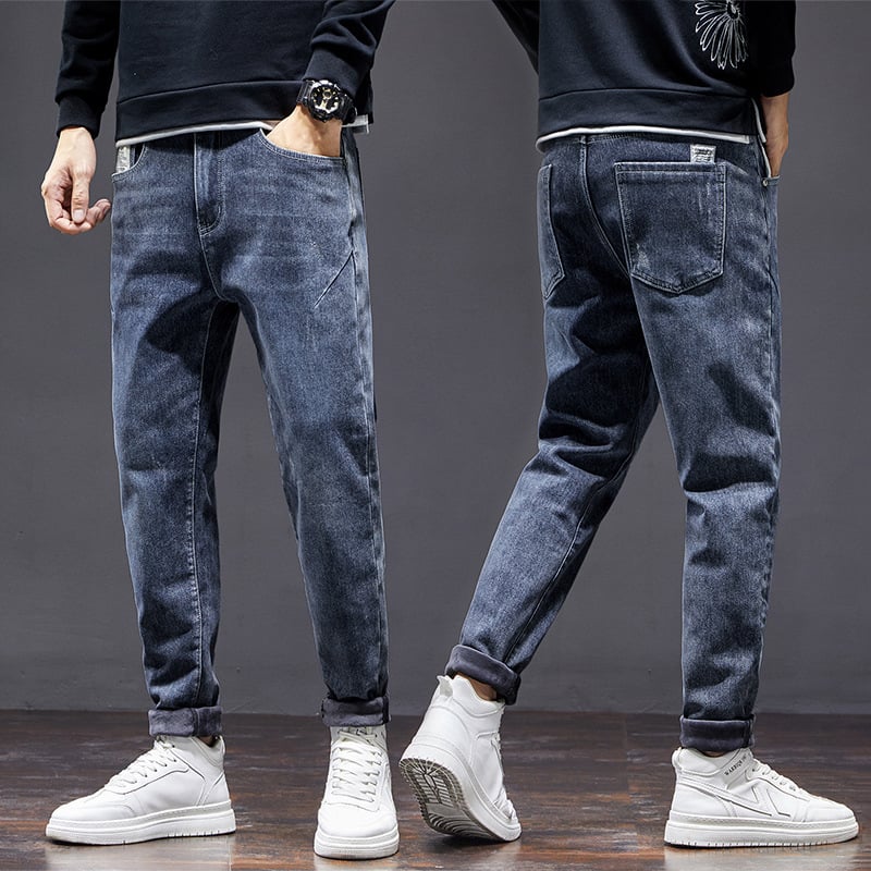 Aishini дънки - Корейски стил, свободна кройка, къс крачол, флисово подплатени памучни дънки