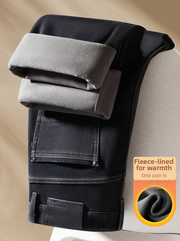 Denim-püksid fleecevoodriga, paksud, sirge lõikega, kõrge vöökohaga, igapäevane talv 2025