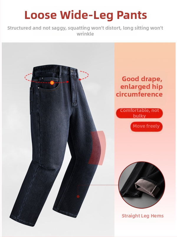 Denim-püksid fleecevoodriga, paksud, sirge lõikega, kõrge vöökohaga, igapäevane talv 2025