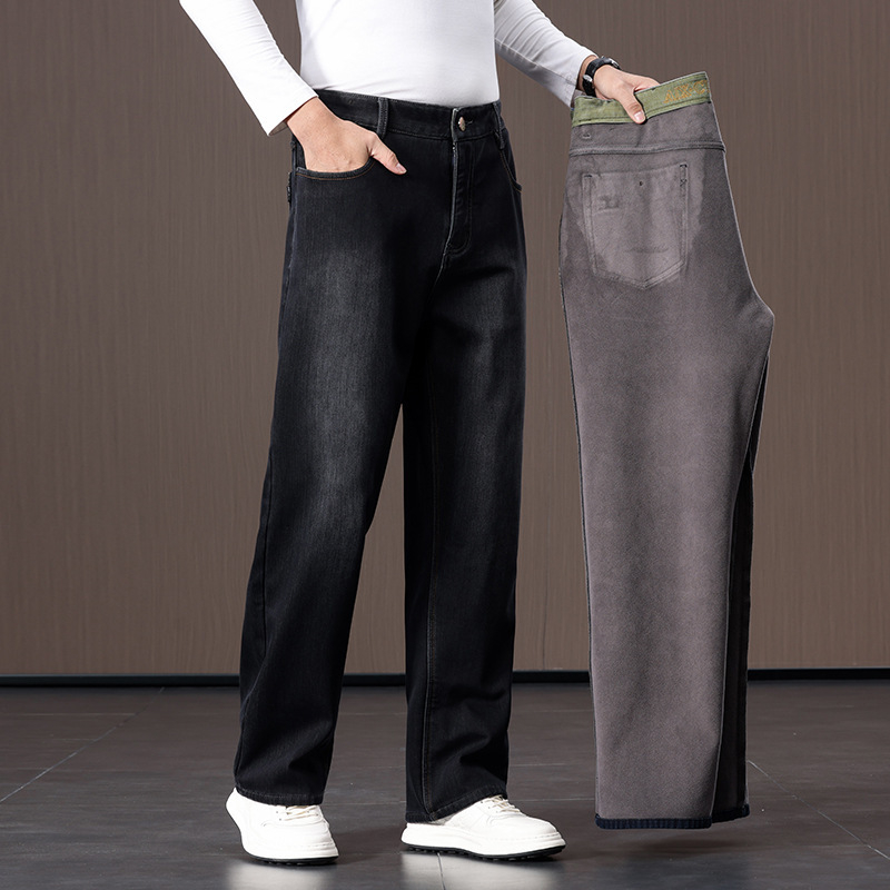 Džinsinės kelnės su fliso pamušalu, storos, tiesus kirpimas, aukštas juosmuo, kasdienė žiemai 2025