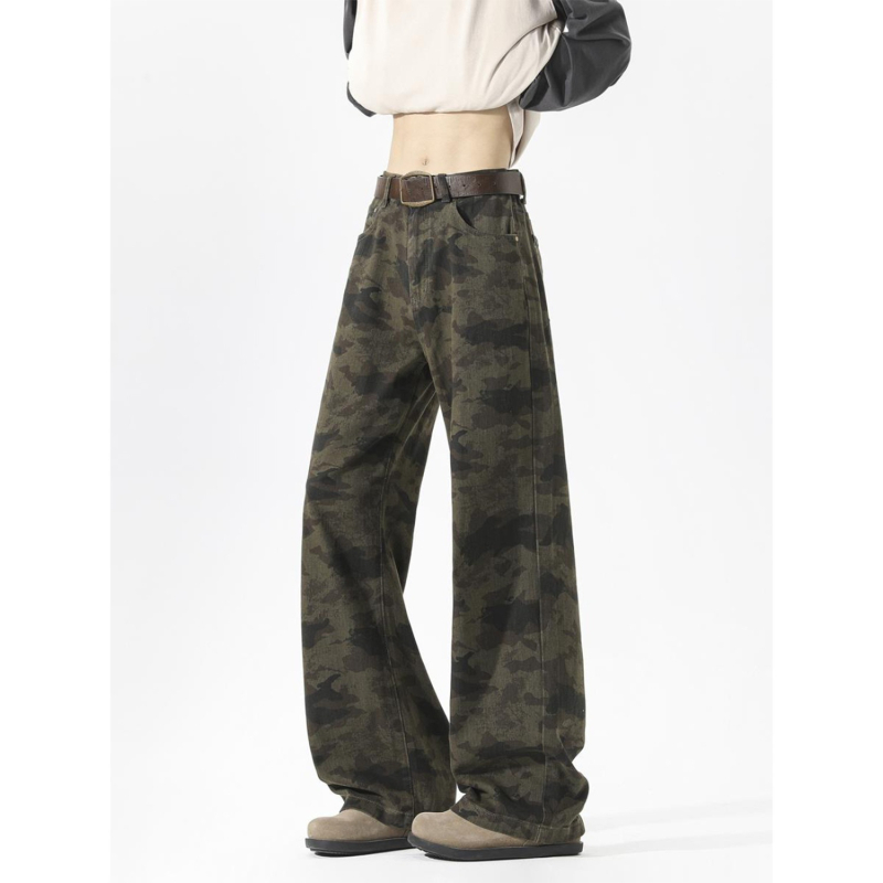 Muške traperice s camouflage uzorkom u američkom street stilu, s fleece-om za zimu, ležerno straight krojenje, svakodnevne hlače